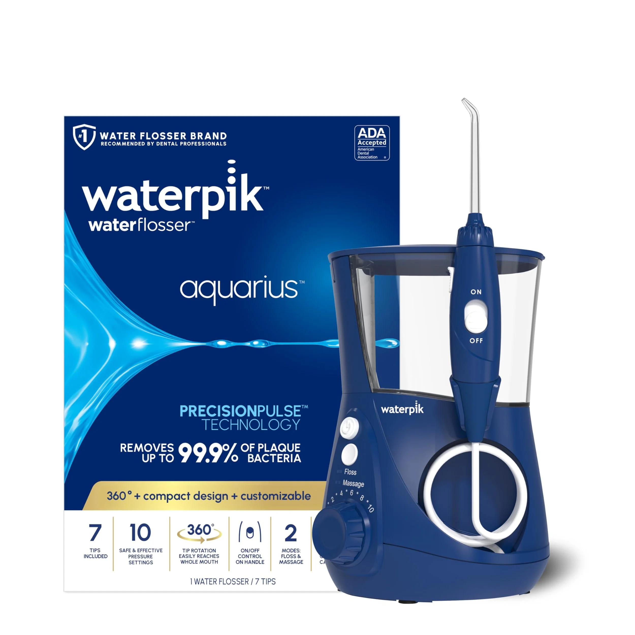 Waterpik Aquarius Water Flosser WP-660 – Electric Dental Cleaner with 10 Pressure Settings, 7 Tips, ADA Accepted, White