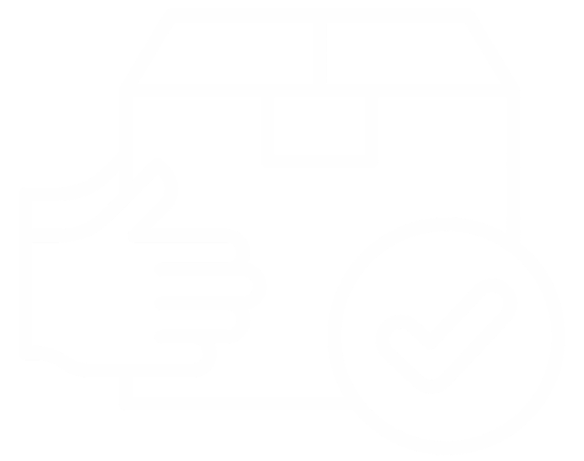 Icon of hand giving a thumbs up, alongside a cardboard box with a checkmark inside a circle, indicating approval or verified packaging.