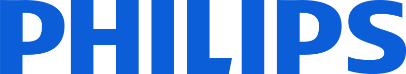 Close-up of the Philips logo in blue.