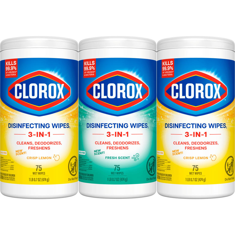 Clorox Disinfecting Wipes – Bleach-Free Multi-Surface Cleaner, Fresh Scent & Crisp Lemon, 75 Count Each, Pack of 3