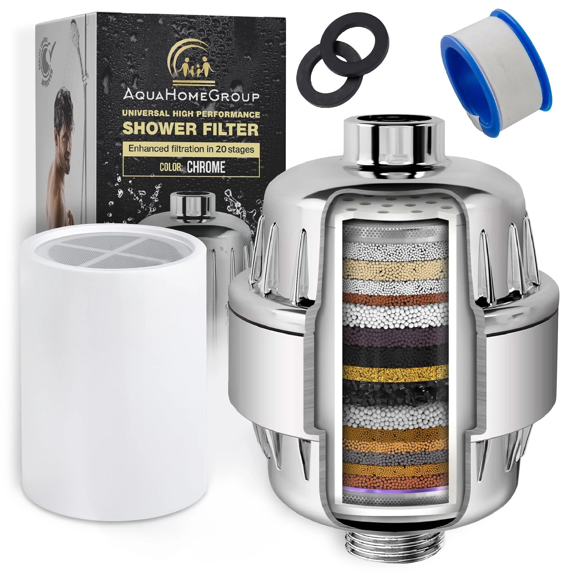 AquaHomeGroup 20-Stage Shower Filter – Vitamin C & E Water Filtration System, Reduces Chlorine, Heavy Metals & Sediment, High Pressure, Black, 2 Cartridges Included