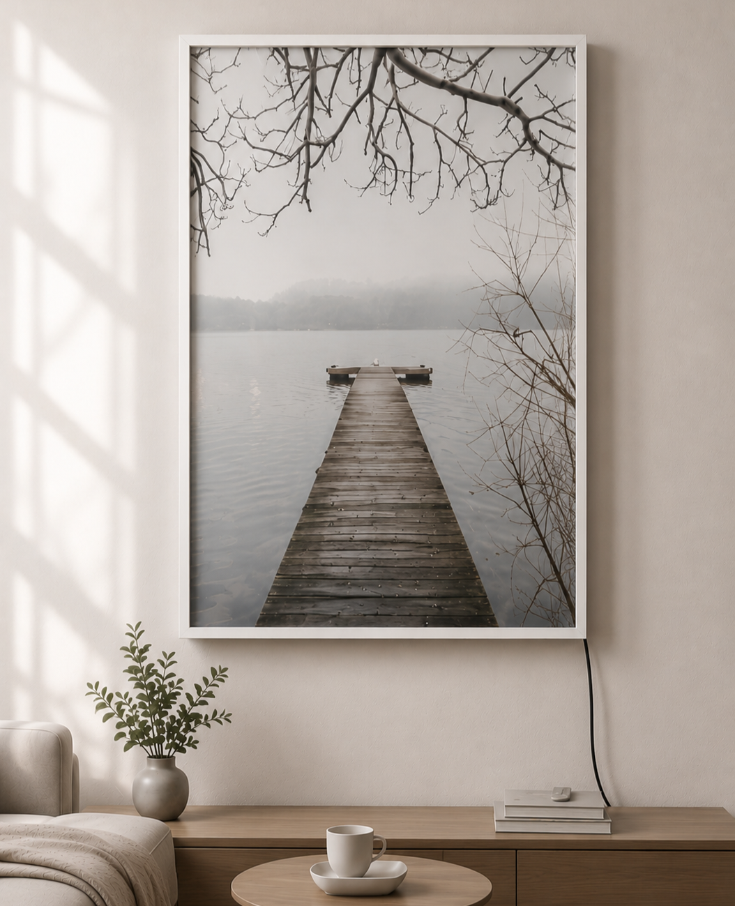 A framed wall art print of a dock extending into a lake, with bare tree branches hanging overhead, in a neutral-colored living room with a small plant, coffee cup, and books on the side table.