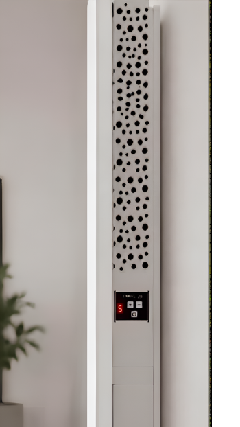 A tall, white personal heater with a perforated front panel and a digital control panel displaying the number '5'.