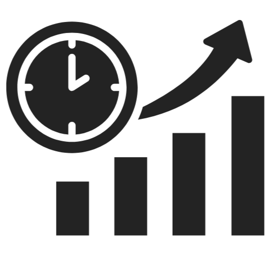 A bar graph with an upward trending arrow and a clock showing 3 o'clock, representing growth over time.