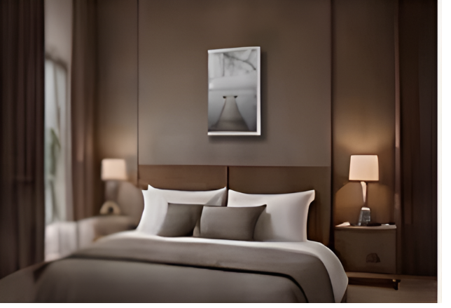 A neatly made bed with white and gray pillows in a modern hotel room, flanked by two nightstands with lamps, and a framed black-and-white abstract photo hanging above the headboard.