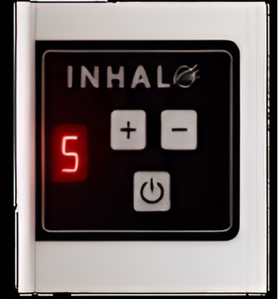 An inhaler device with a digital display showing the number 5, plus and minus buttons, and a power button.