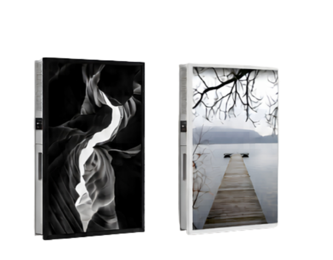 Two elevator doors, one with a black and white abstract canyon scene, the other with a lake and dock scene with overhanging branches.