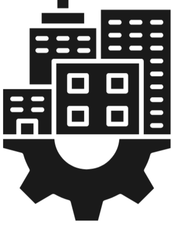 A graphic icon representing building structures inside a gear, symbolizing urban planning or infrastructure development.