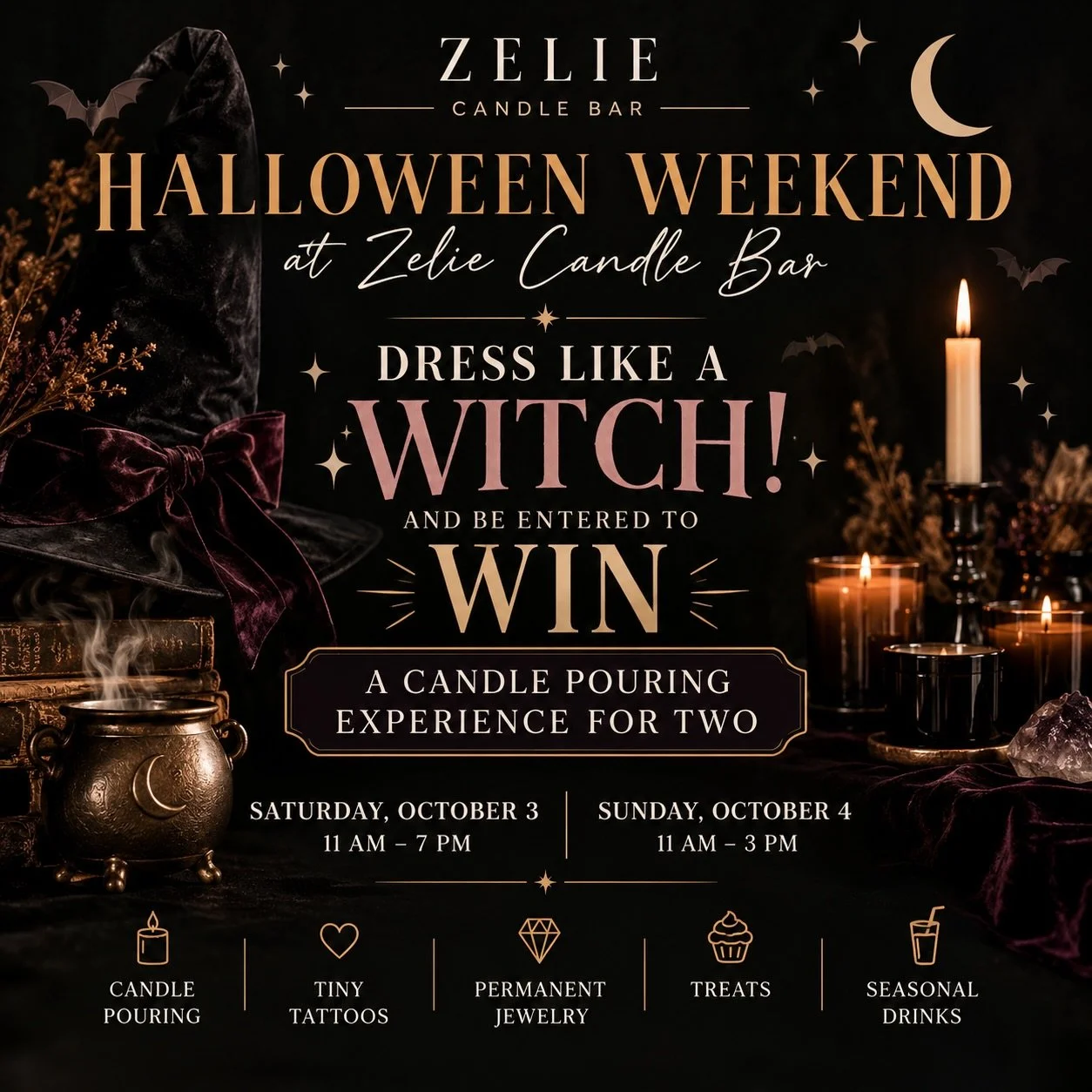 🧙&zwj;♀️ CALLING ALL WITCHES! 🎃🕯️
We&rsquo;re adding a little extra magic to our Halloween Weekend at Zelie Candle Bar!
Come dressed like a witch and you&rsquo;ll be entered to WIN a Candle Pouring Experience for TWO! 🕯️🕯️
Join us for a full wee