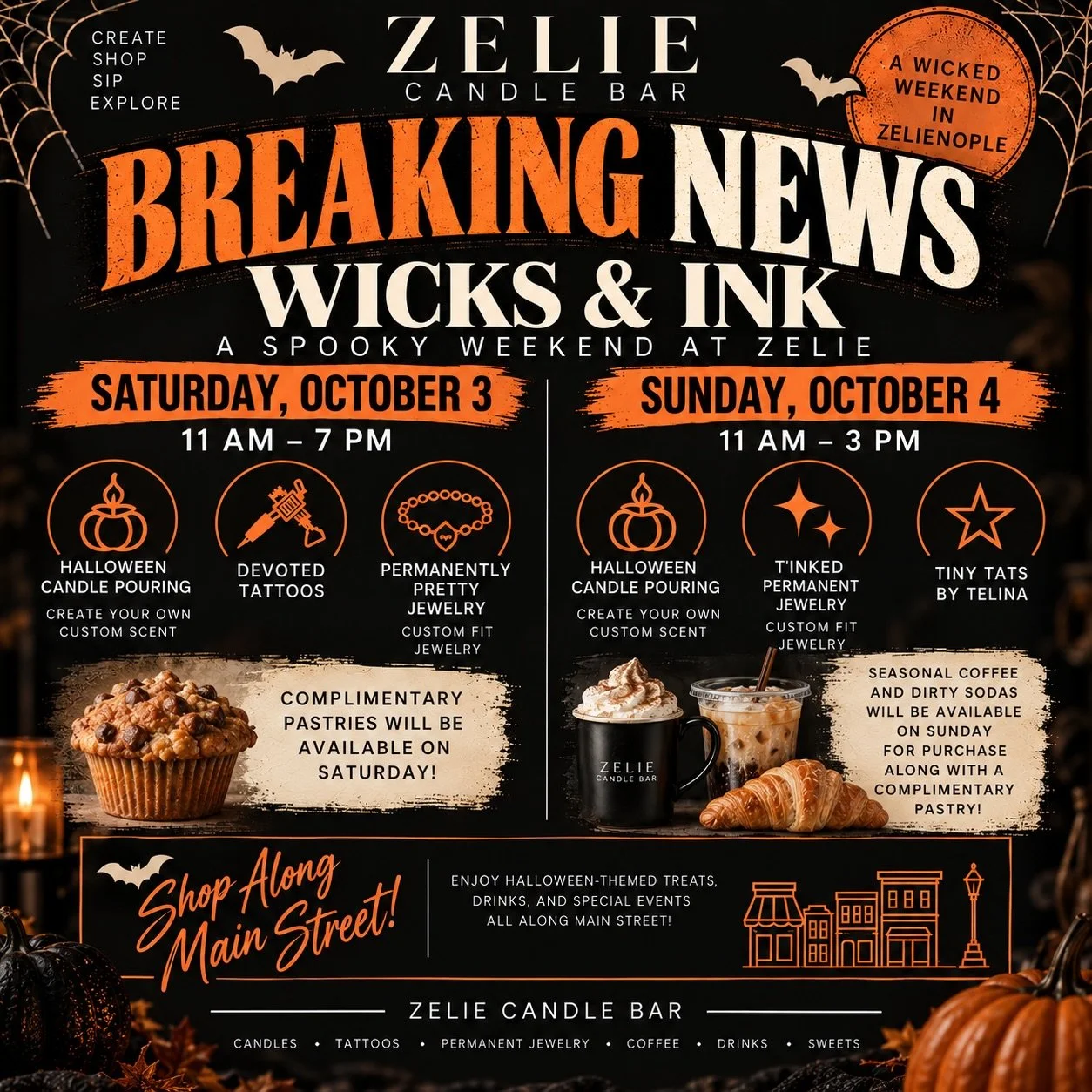 ‼️ BREAKING NEWS! ‼️
Devoted Tattoos and Permanently Pretty Jewelry are joining us on Saturday, October 3rd, for our Wicks &amp; Ink Halloween weekend! 👻🎃🕯️
Candle pouring, tattoos from 11-3, permanent jewelry starting at 12:30, and plenty of spoo