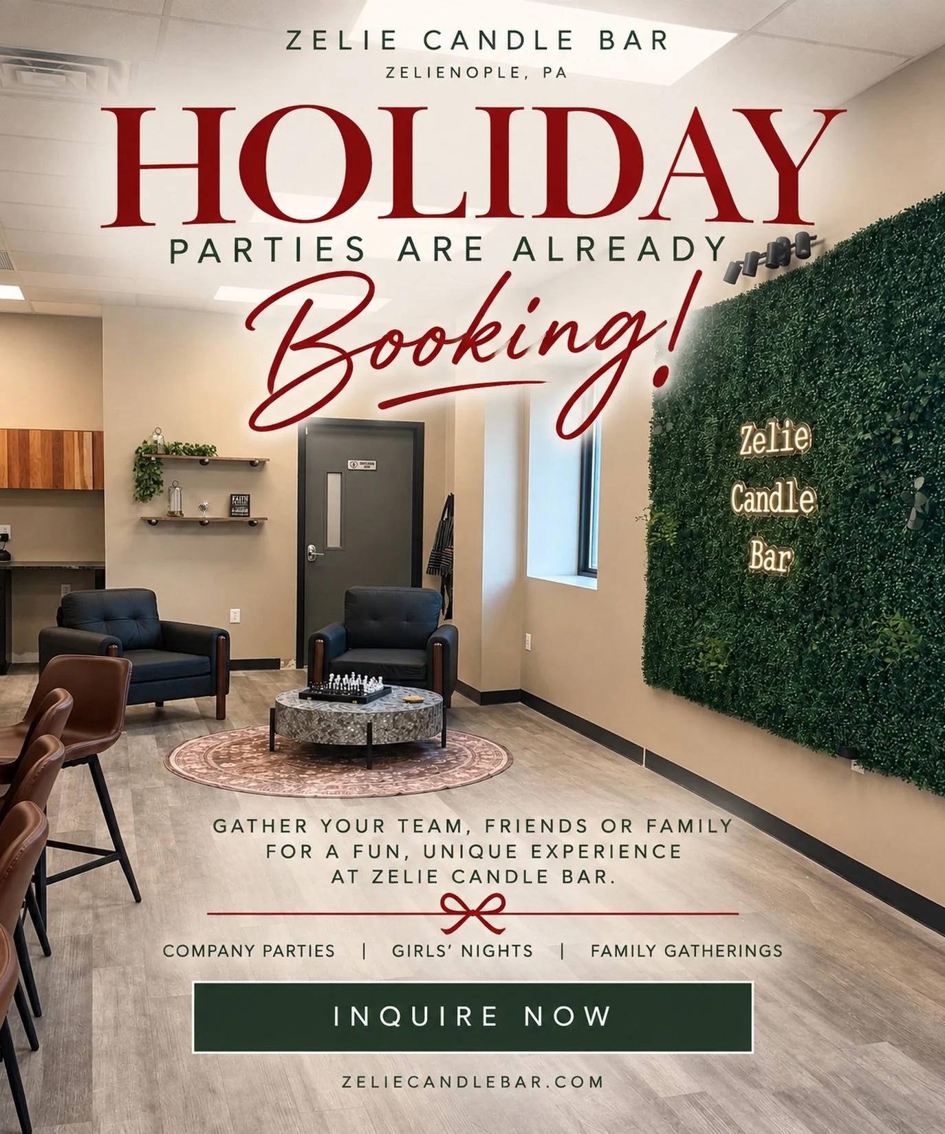 Holiday parties are already booking at Zelie Candle Bar! 🎄
We&rsquo;ve been getting calls and booking dates for the holiday season, so now&rsquo;s the time to get your party on the calendar!
Company Christmas parties, girls&rsquo; nights, family get