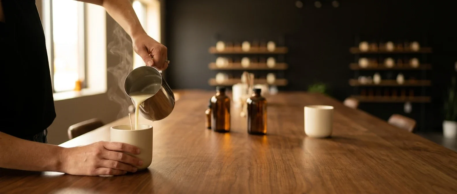Person pouring a hot beverage into a mug on a wooden table.