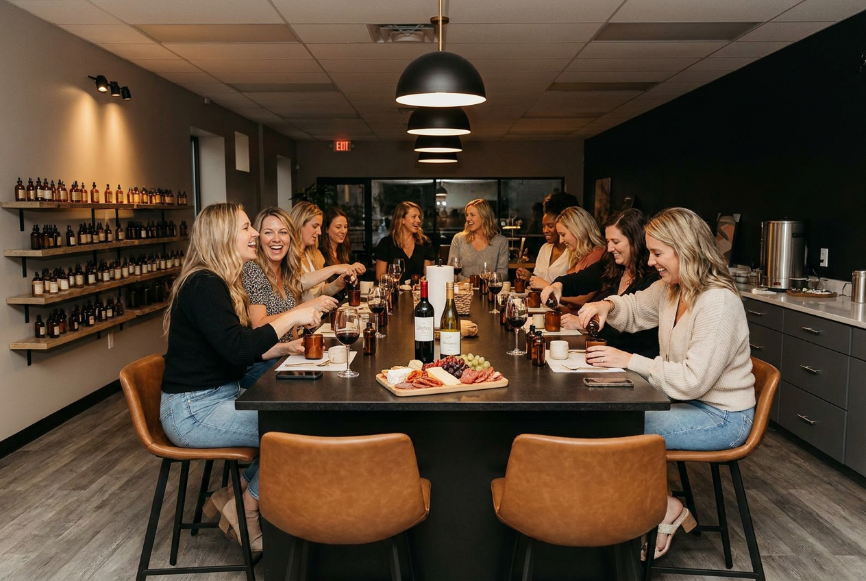 Women enjoying a Wine Tasting event around a table with wine glasses, bottles, cheese, and charcuterie boards in a modern room.