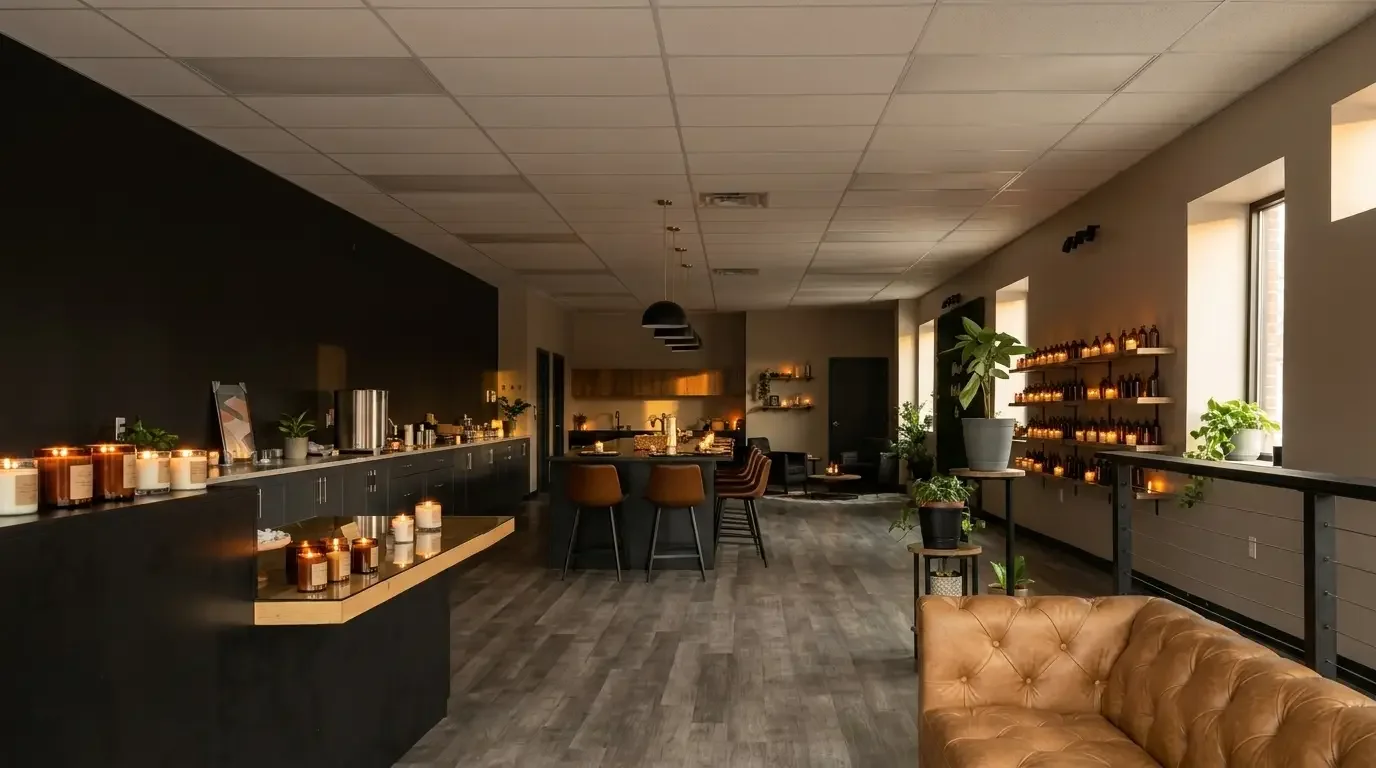 A cozy room decorated with candles, plants, and warm lighting, featuring a black and wood bar counter, chairs, and a leather sofa.