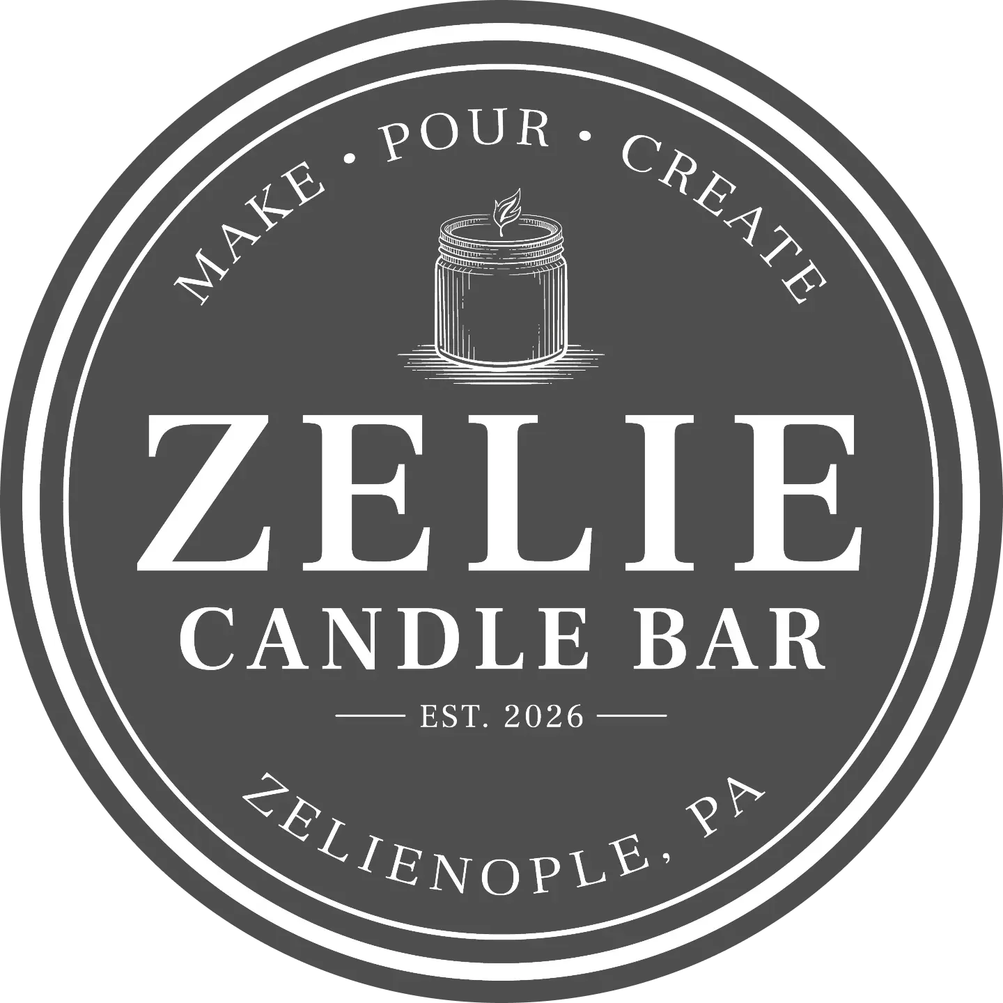 Logo for Zele Candle Bar, established 2026, in Zeli>Name, Pennsylvania, with a candle illustration at the top.
