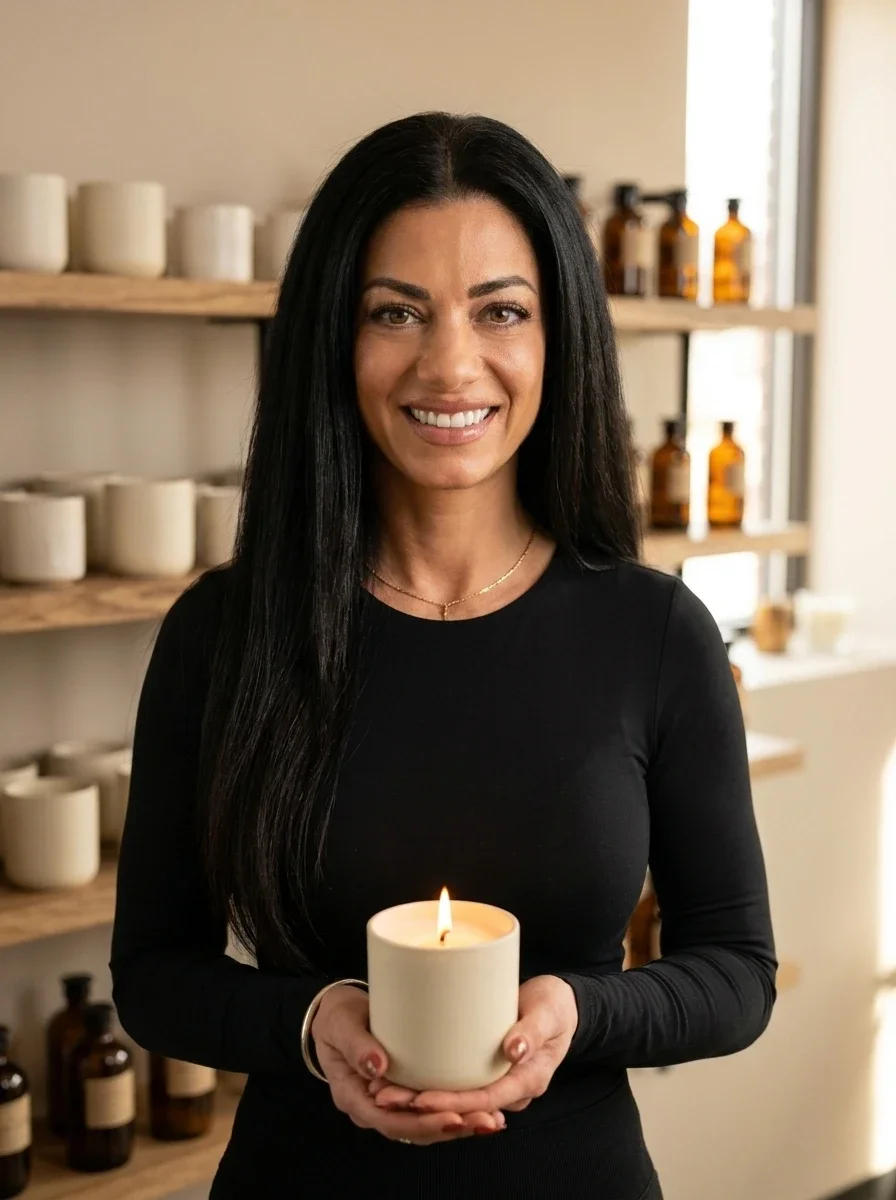 Smiling woman with long black hair wearing a black long sleeve shirt, holding a lit white candle in both hands, standing in front of a wooden shelf with candles and amber bottles, in a bright room.