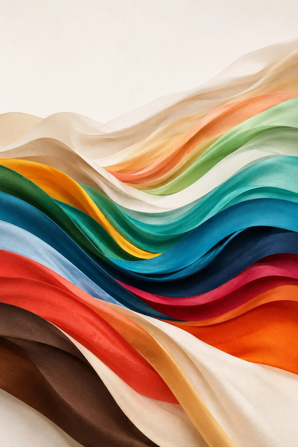 Multiple folds of colorful silk fabric in shades of white, beige, pink, orange, yellow, green, blue, navy, and red arranged in waves.