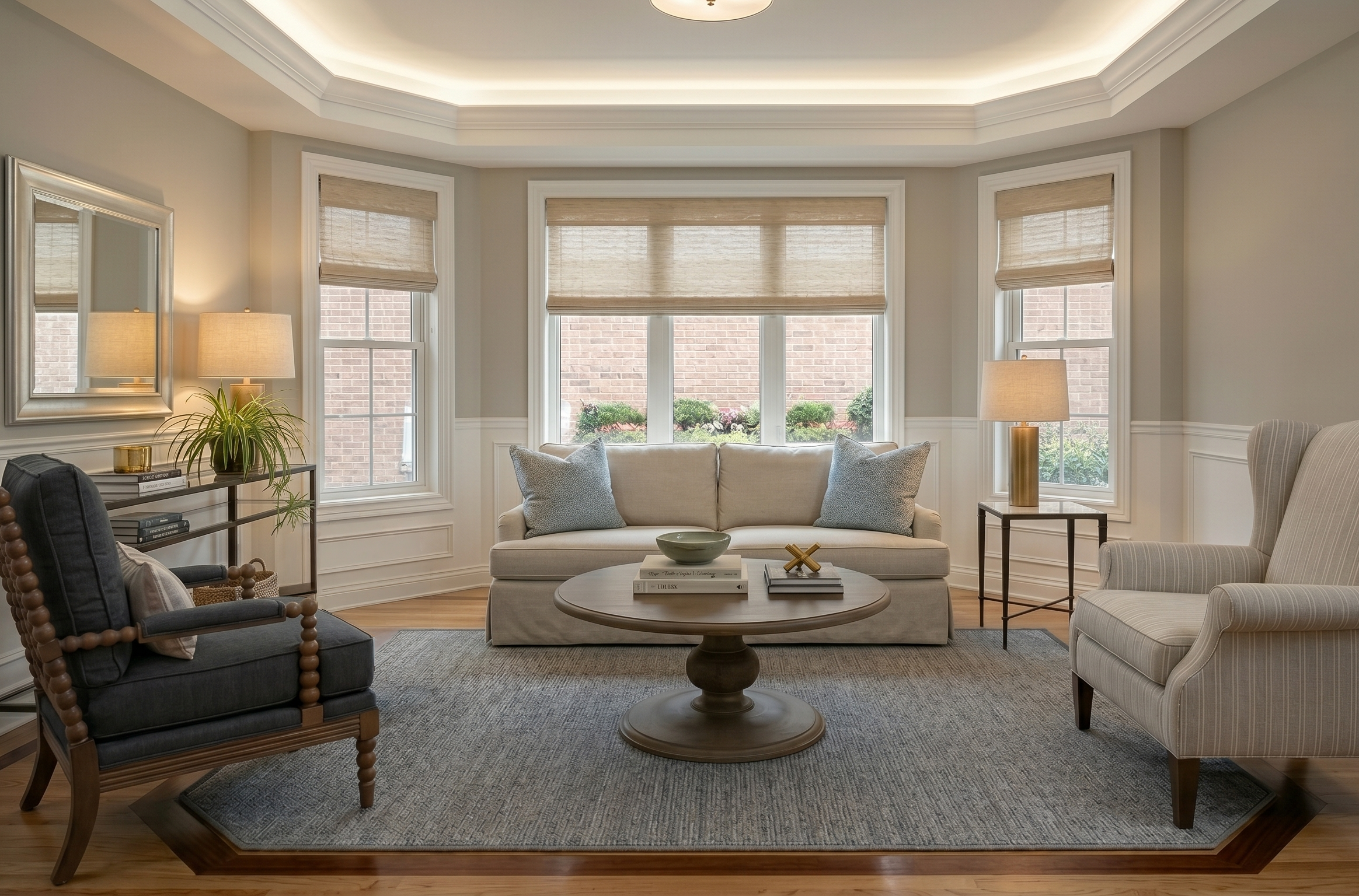 A cozy living room with a beige sofa and gray pillows in front of large windows covered with beige blinds. There are two side tables with lamps on each side of the sofa, a round coffee table with books and decorative items in the center, and an armchair with striped fabric on the right. A black shelving unit with a plant, books, and decorative objects is on the left. The walls are painted light gray, and there is a textured rug on the wooden floor.