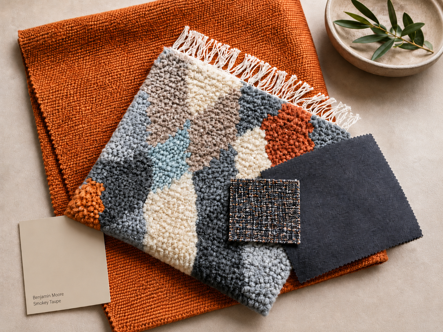 Interior decoration materials including a textured orange rug, a patterned small rug with various colors, a black fabric swatch, a black and multicolored beaded fabric, and a white card labeled 'Benjamin Moore Smokey Taupe'. A small dish with green leaves is in the top right corner.