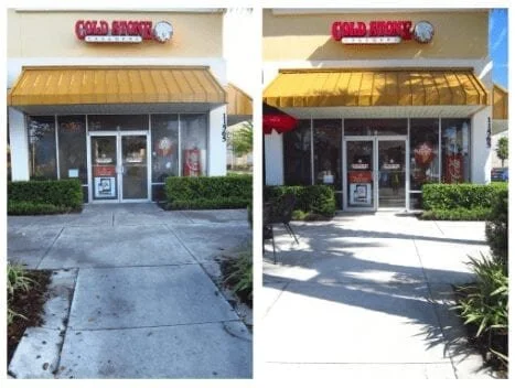 Comparison of an ice cream shop entrance before and after bright sunlight, with yellow awning and glass doors.
