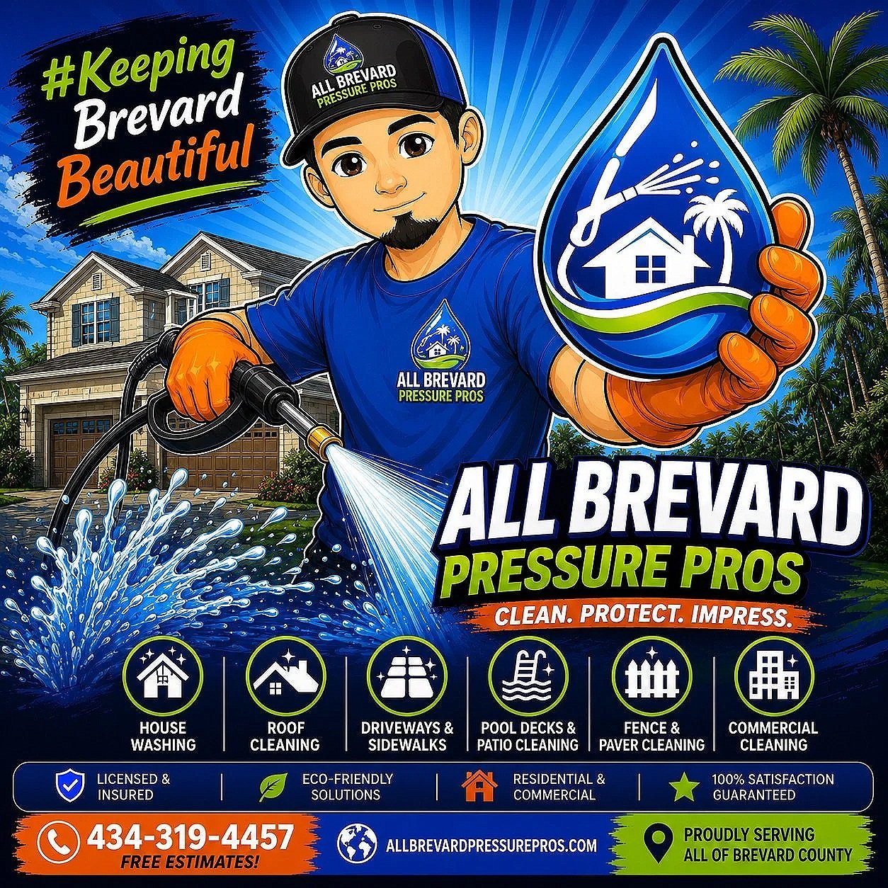 Illustration of a handyman holding a large water droplet logo, using a pressure washer in front of a house with palm trees. The image promotes All Brevard Pressure Pros, offering services like house washing, roof cleaning, driveway and sidewalk cleaning, pool deck cleaning, fence and paver cleaning, and commercial cleaning, with contact info and service guarantees.