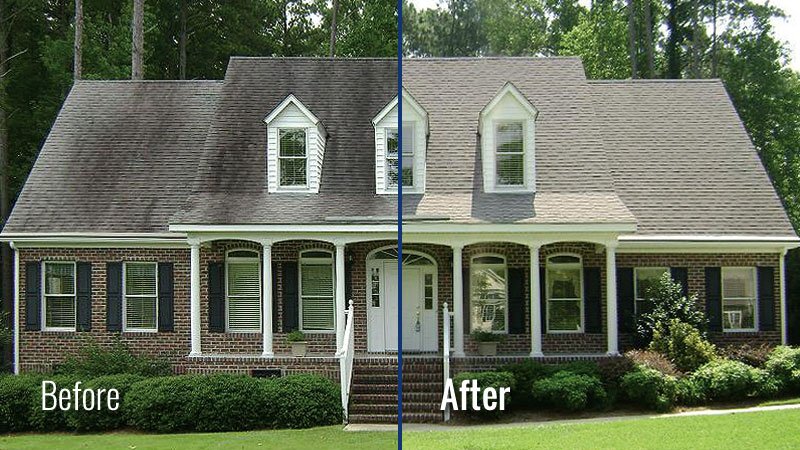 Comparison of a house's exterior, showing a dirty, stained left side labeled 'Before' and a clean, renovated right side labeled 'After'.
