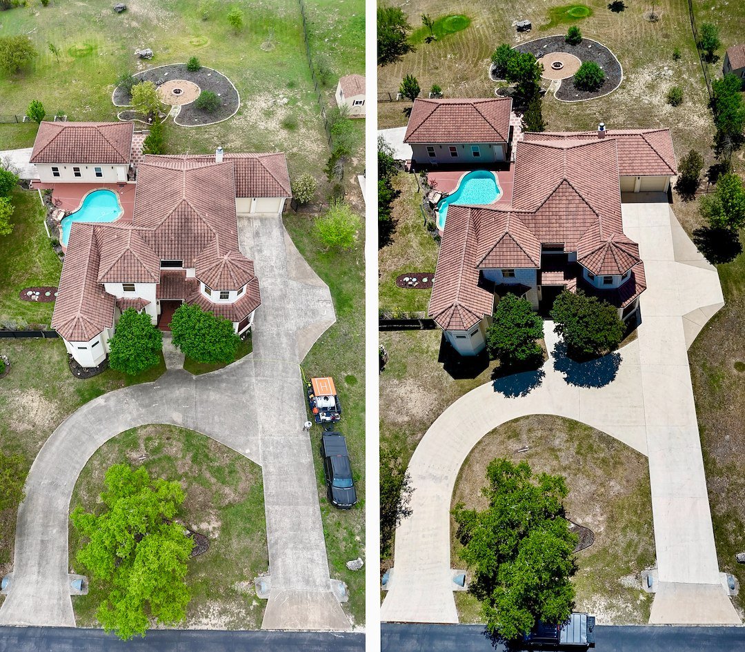 Before-and-after exterior cleaning showing a brighter driveway and improved curb appeal in Brevard County, Florida.