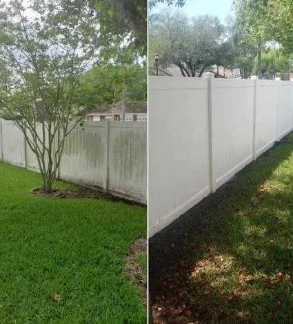 Comparison of two backyard fences, with a tree and grass in both images, showing an older fence on the left and a new, white fence on the right.