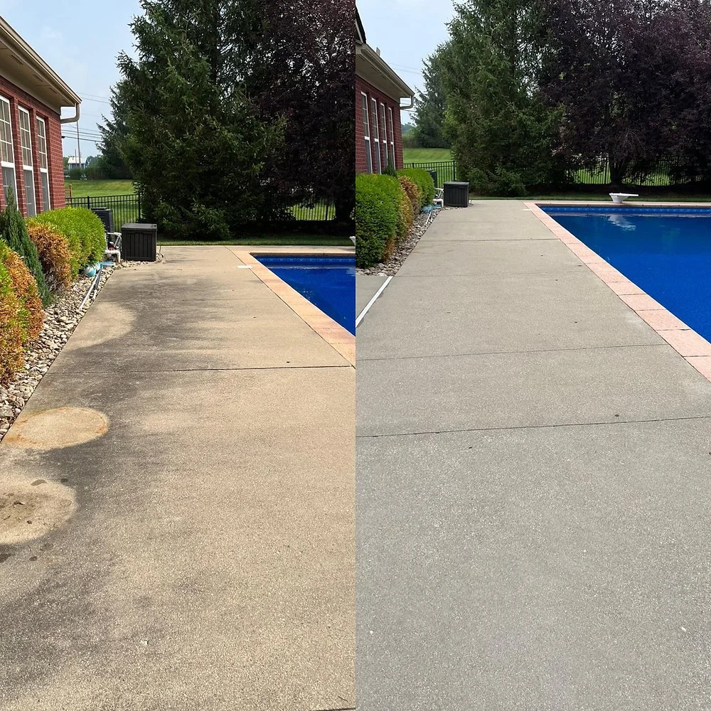 Before and after comparison of a concrete poolside patio: left side, dirty and stained concrete surface; right side, clean and newly sealed concrete surface with a smooth finish.