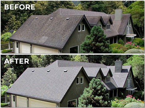 Comparison of a house before and after cleaning, showing a darker, stained roof in the 'before' image and a cleaner, lighter roof in the 'after' image.