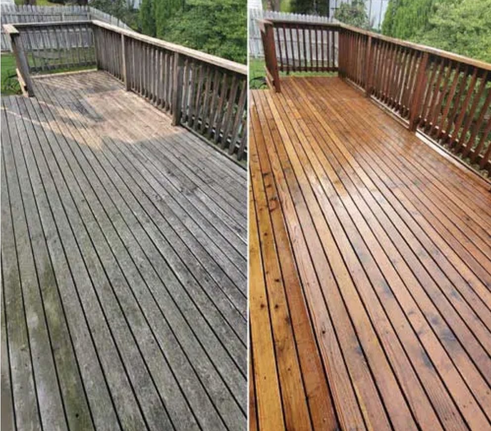 Side-by-side comparison of a wooden deck before and after cleaning and staining. The left side shows a weathered, grayish deck, while the right side displays a newly cleaned and stained, shiny, reddish-brown deck.