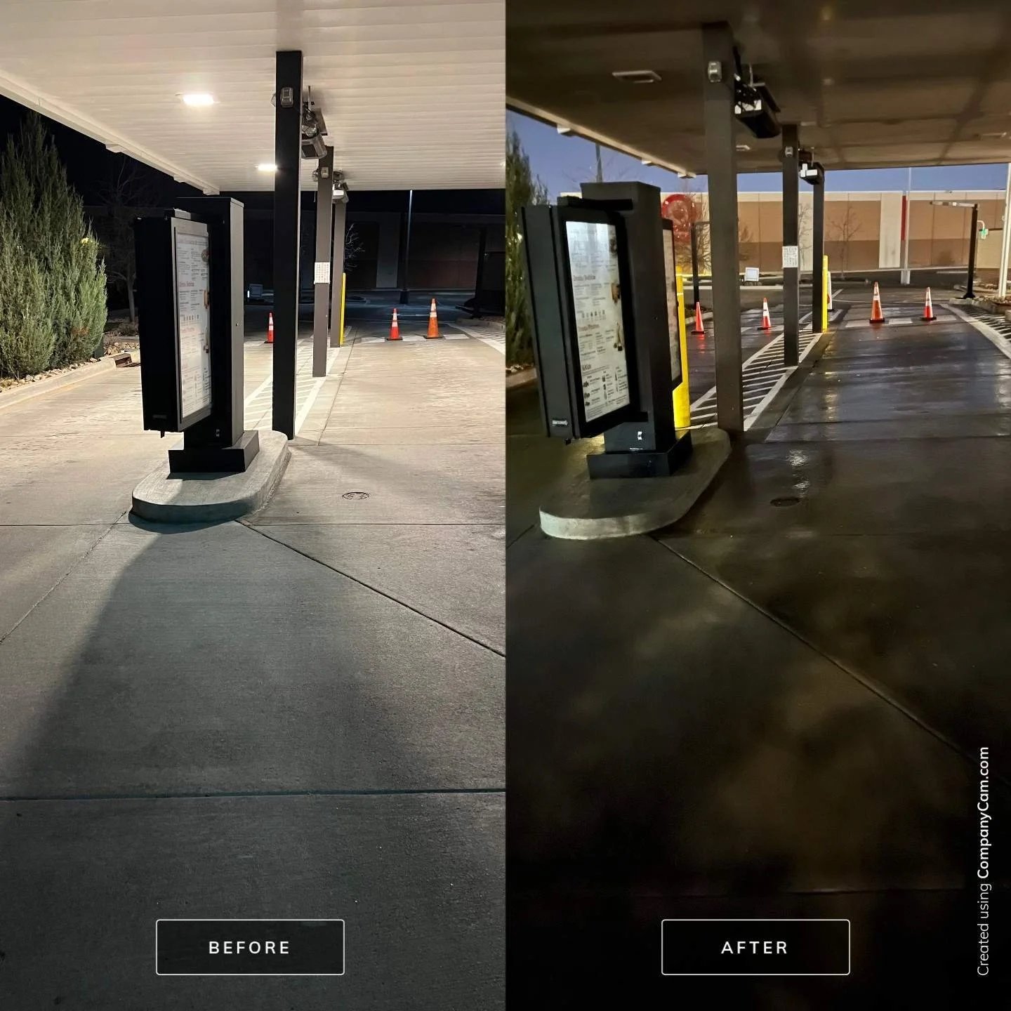 Comparison of a parking lot entrance with and without freshly cleaned concrete surface. The left shows a clean light gray concrete, the right shows wet, darker concrete.