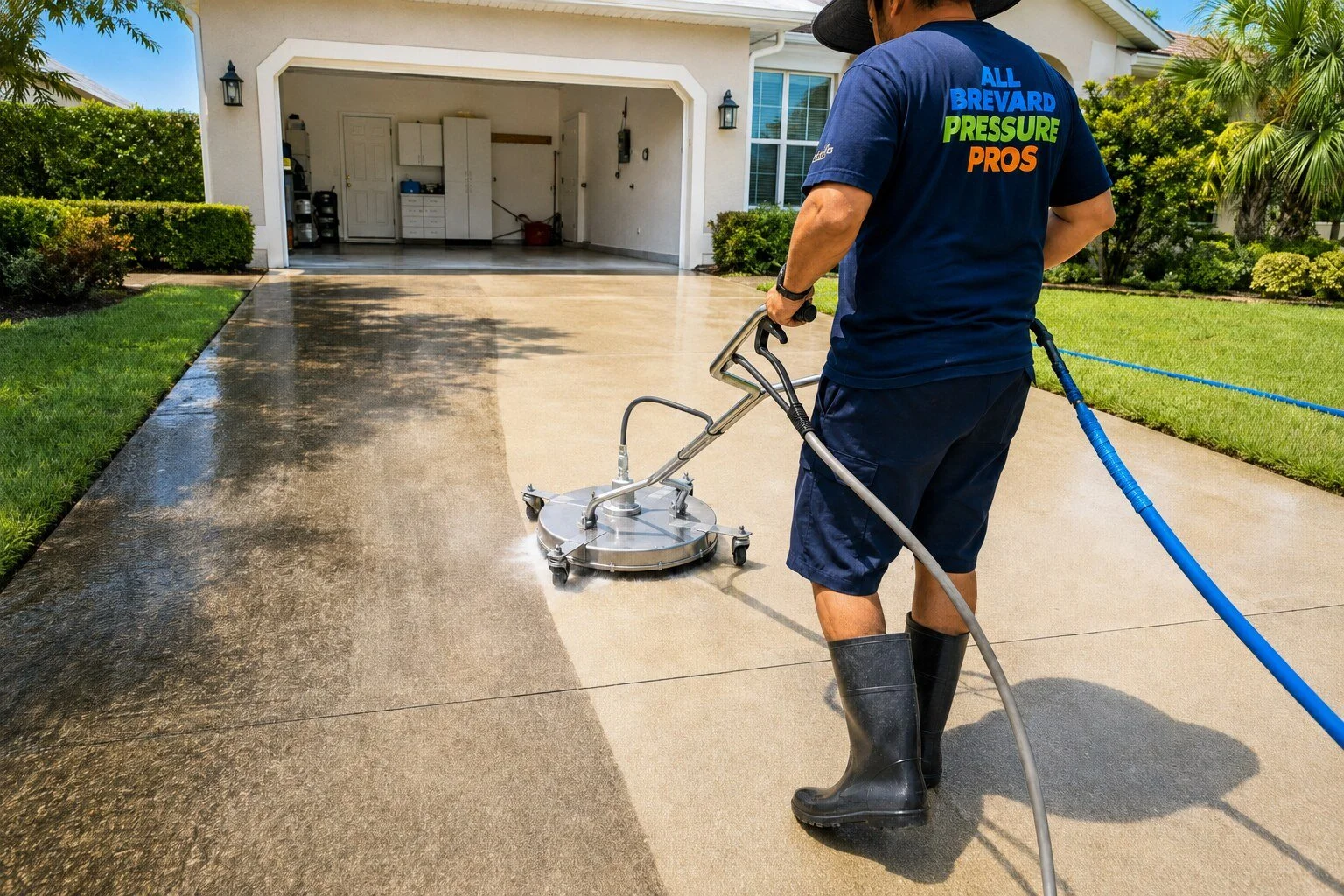 All Brevard Pressure Pros professionally cleaning a residential driveway in Palm Bay, Florida.