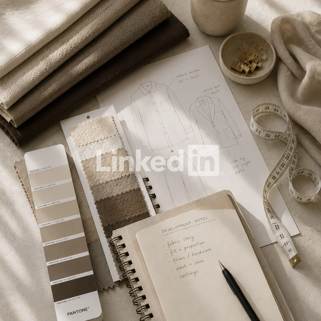 A fabric swatch book, sketches of shirt and blazer designs, a notebook with garment development notes, fabric rolls, a measuring tape, a pen, and containers with clips on a flat surface.