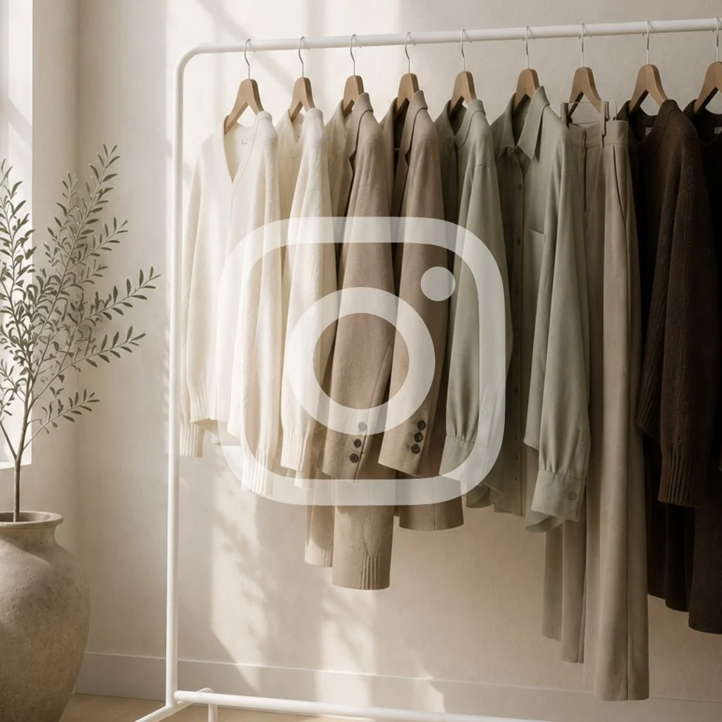 A clothing rack with neutral-colored shirts, sweaters, and pants in beige, white, and brown tones, displayed on wooden hangers in a well-lit room with a potted plant nearby.