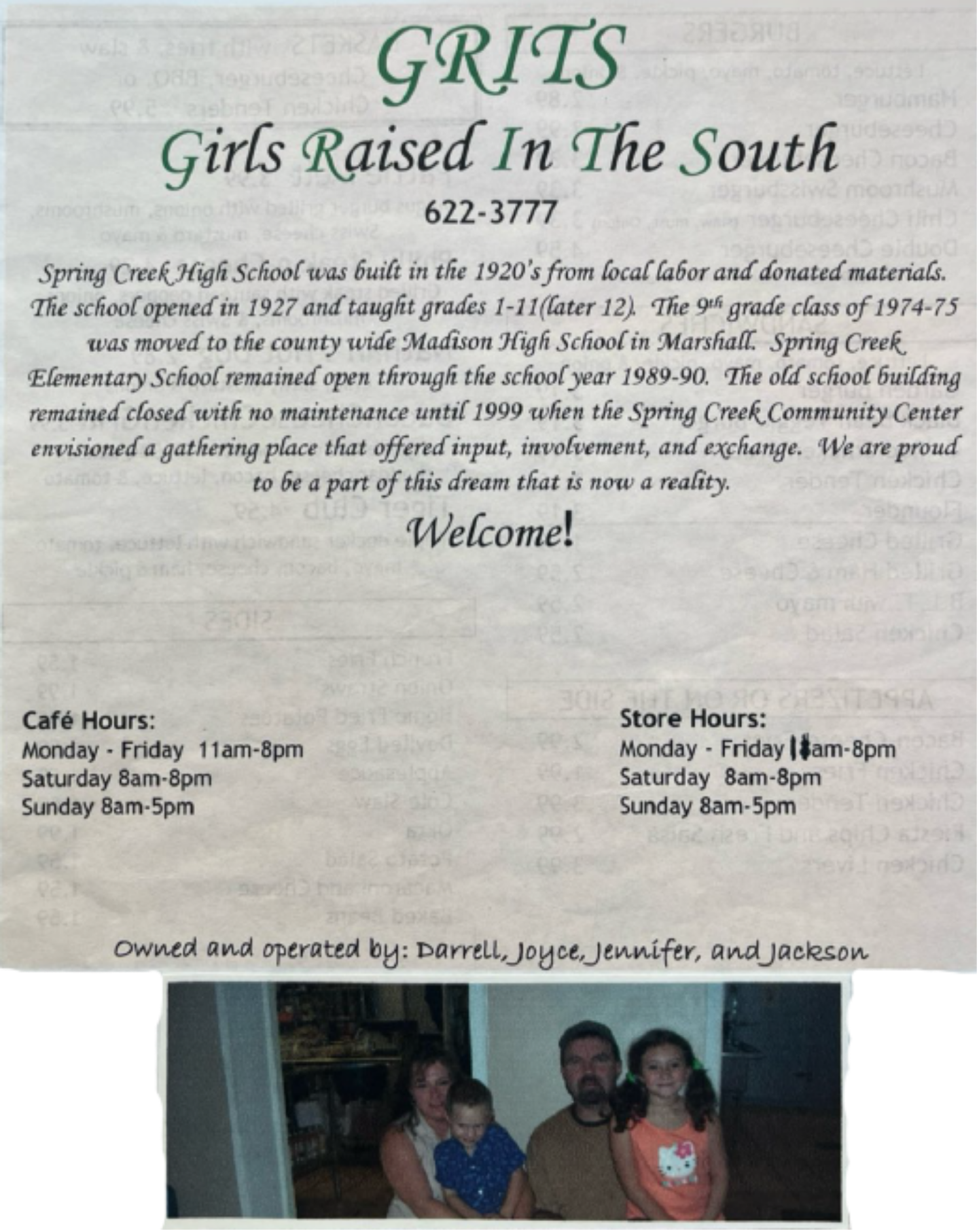 The Grits Menu had a short history of the building on its front page