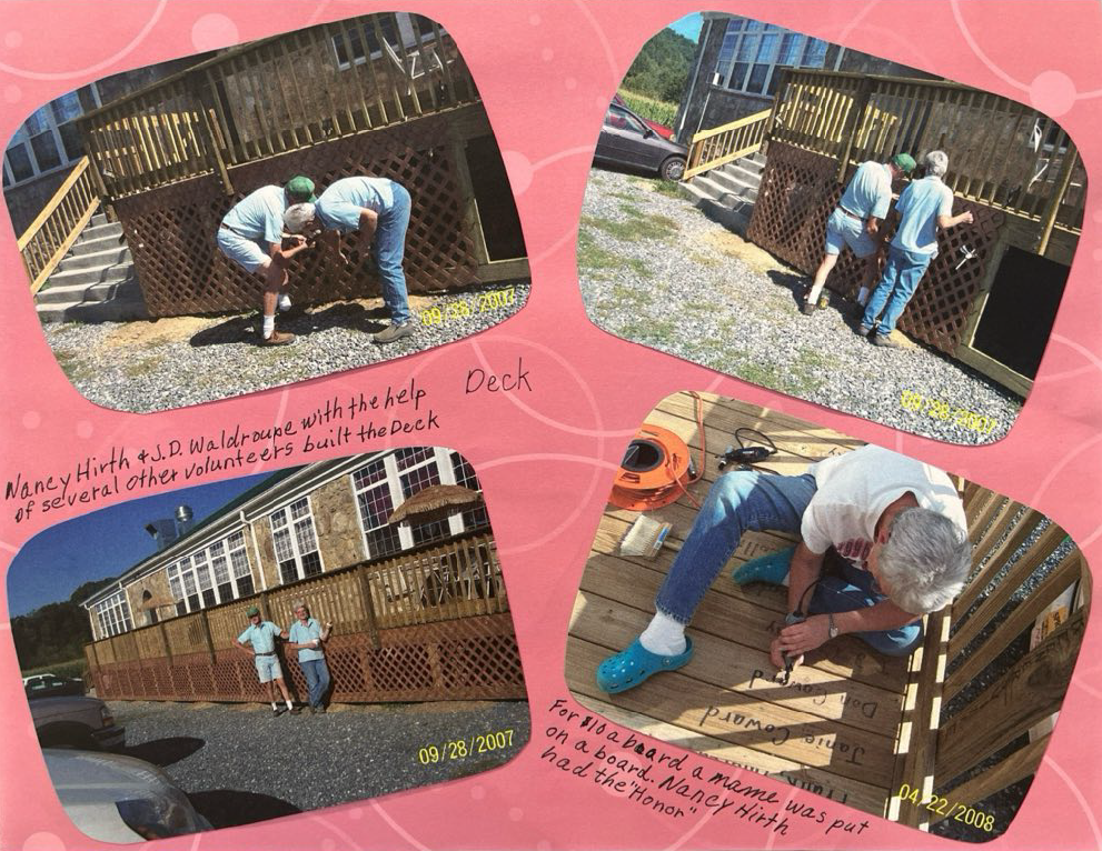 September 2007 - Construction of the Deck outside Phase 1. Like most of the construction of Phases 1 & 2, this was done by volunteers in the community. 

Boards for the Deck could be purchased for $10/board and in 2008, the names of the "owners" of t