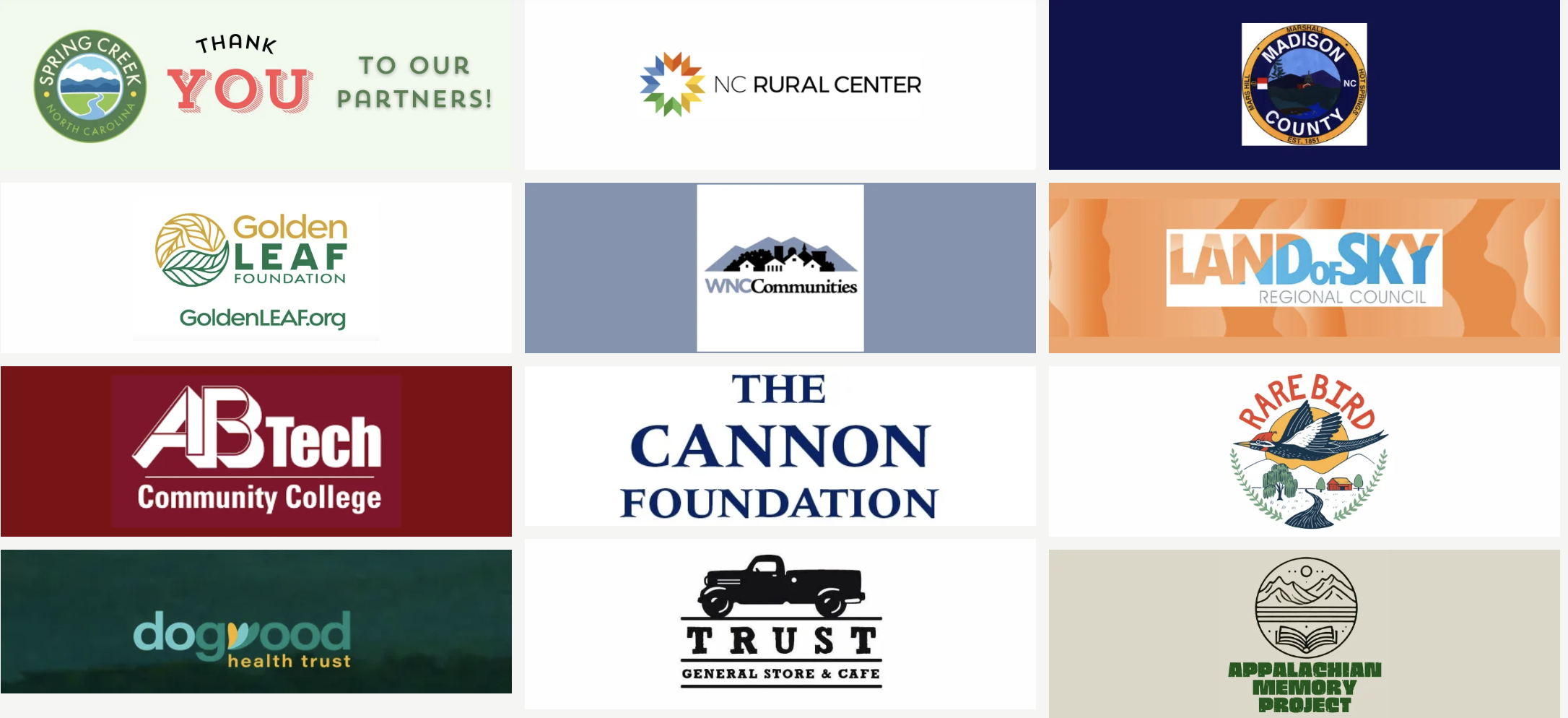 Collection of various organization and foundation logos including Spring Creek, NC Rural Center, Madison County, Golden Leaf Foundation, WNC Communities, Land of Sky Regional Council, AB Tech Community College, The Cannon Foundation, Rare Bird, Dogwood Health Trust, Trust General Store & Cafe, and Appalachian Memory Project.