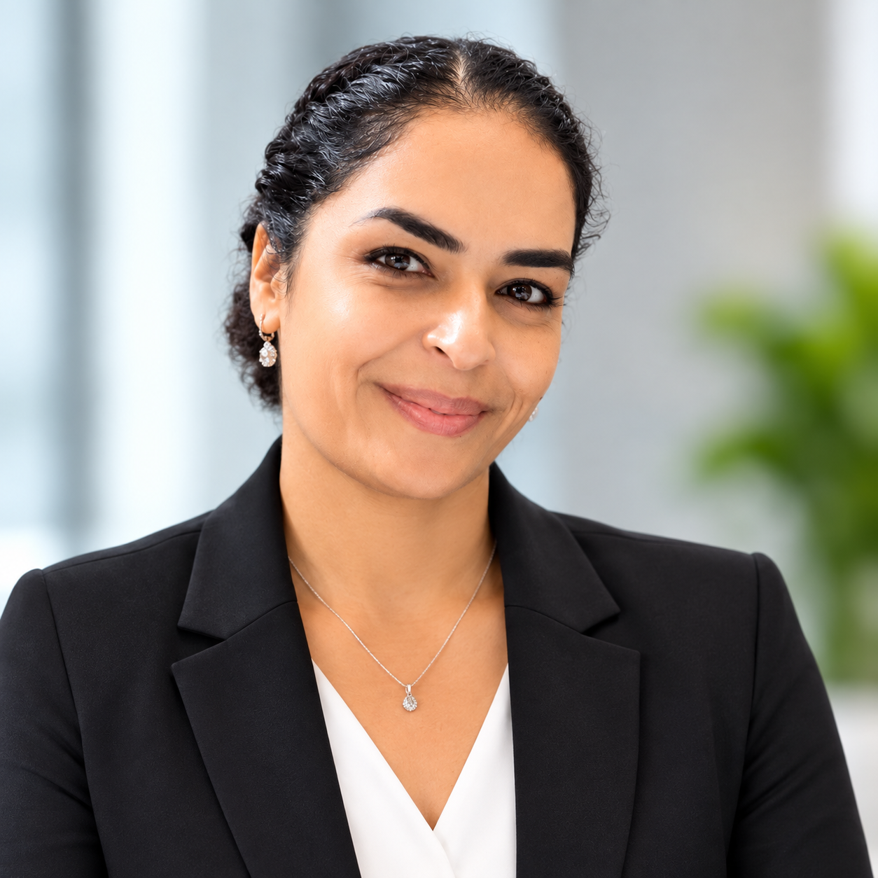 A professional woman with dark hair pulled back, wearing a black blazer, white top, and jewelry, smiling in an indoor setting with blurred background and greenery.