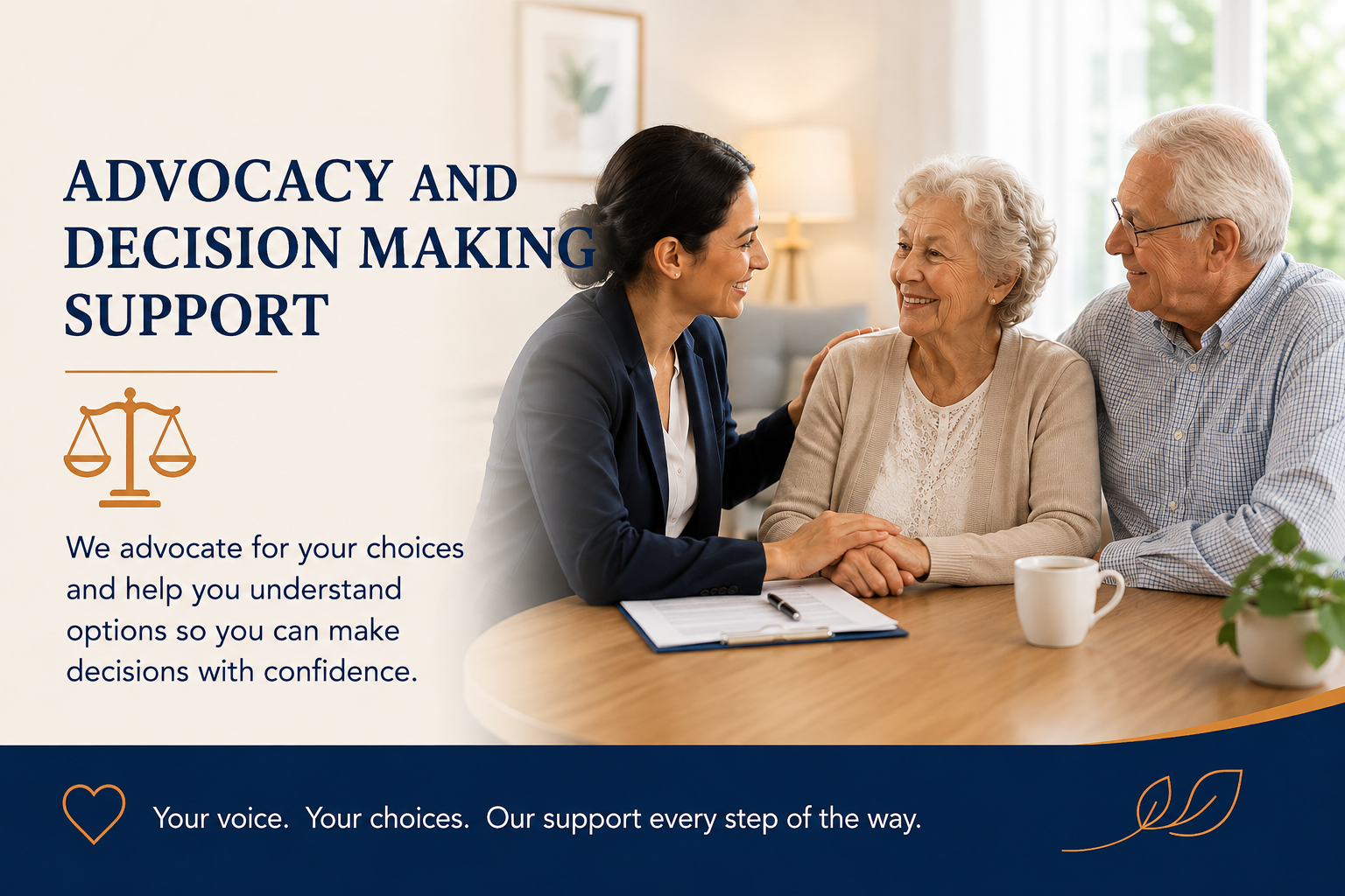 A woman in a dark blazer smiling and talking to an elderly woman and man at a table, with text about advocacy and decision making support. The setting is a cozy room with natural light.