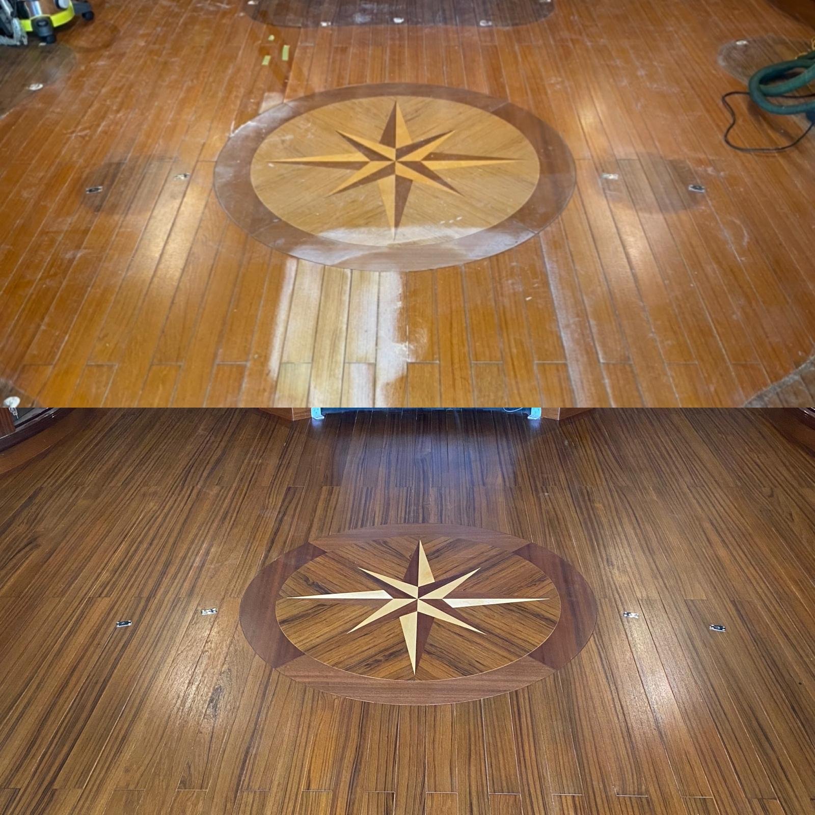 Two images of a wooden floor with a decorative inlaid compass rose design in the center, showing different stages of restoration or cleaning.