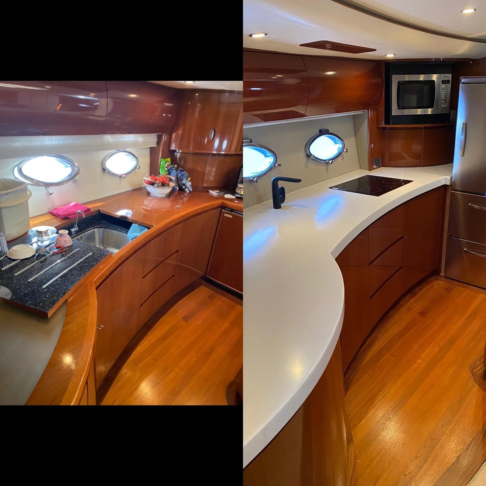 Side-by-side comparison of a kitchen, with the left side showing an older-style kitchen with clutter and a darker countertop, and the right side showing a modern, sleek kitchen with a clean, white countertop and organized setup.