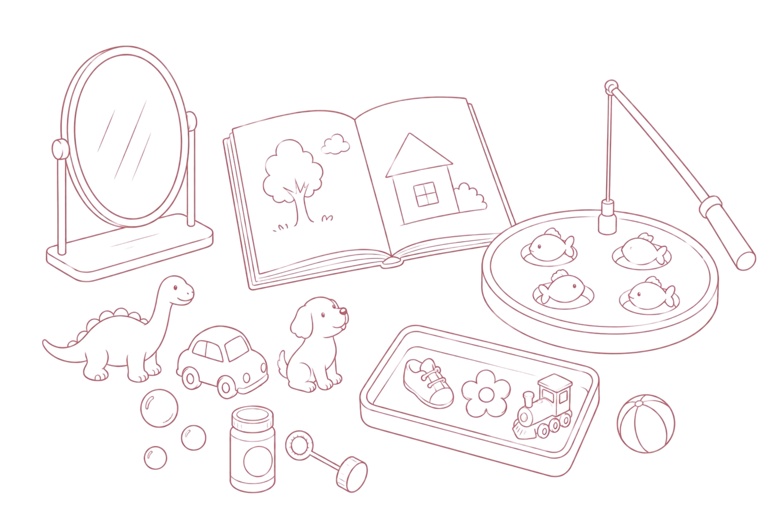 Play-based speech therapy materials including a mirror, book, fishing game, toys, and bubbles