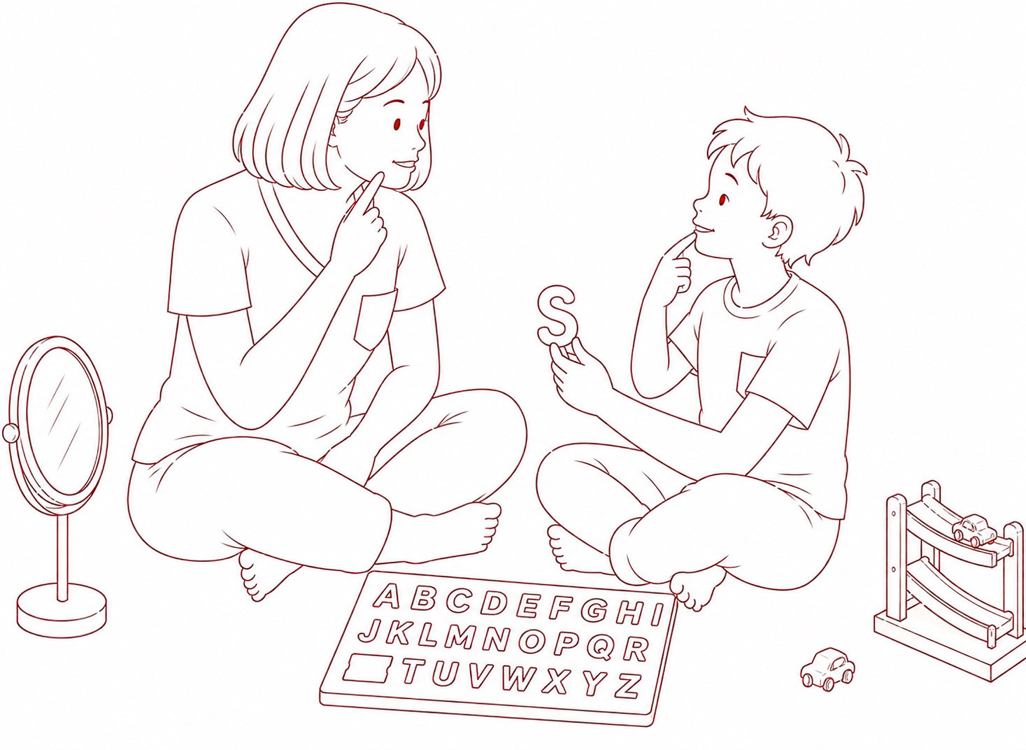 Speech-language pathologist and child practicing speech sounds during play-based speech therapy