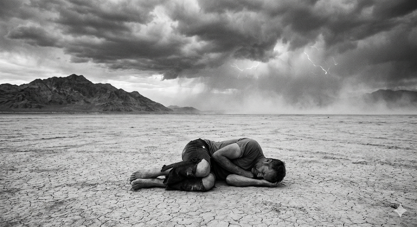 A person lying on the cracked desert ground in a fetal position under a stormy sky with dark clouds, lightning, and distant mountains.
