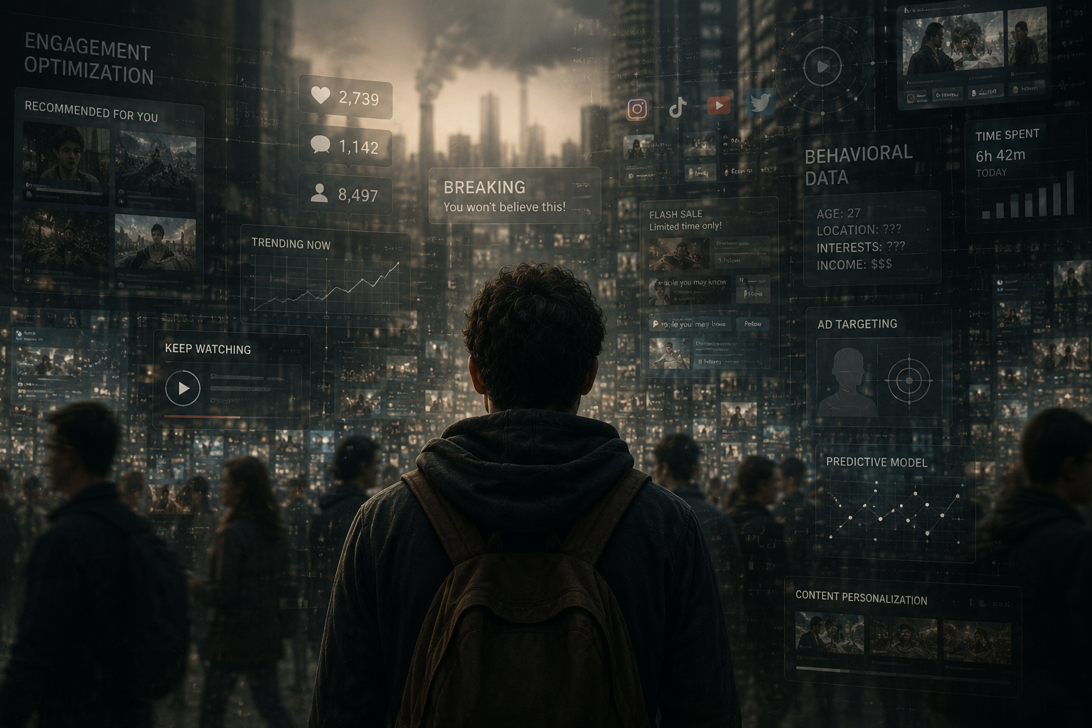 A person with a backpack is standing in a cityscape at sunset, surrounded by multiple digital interface overlays displaying social media statistics, trending data, recommendations, and behavioral analytics.