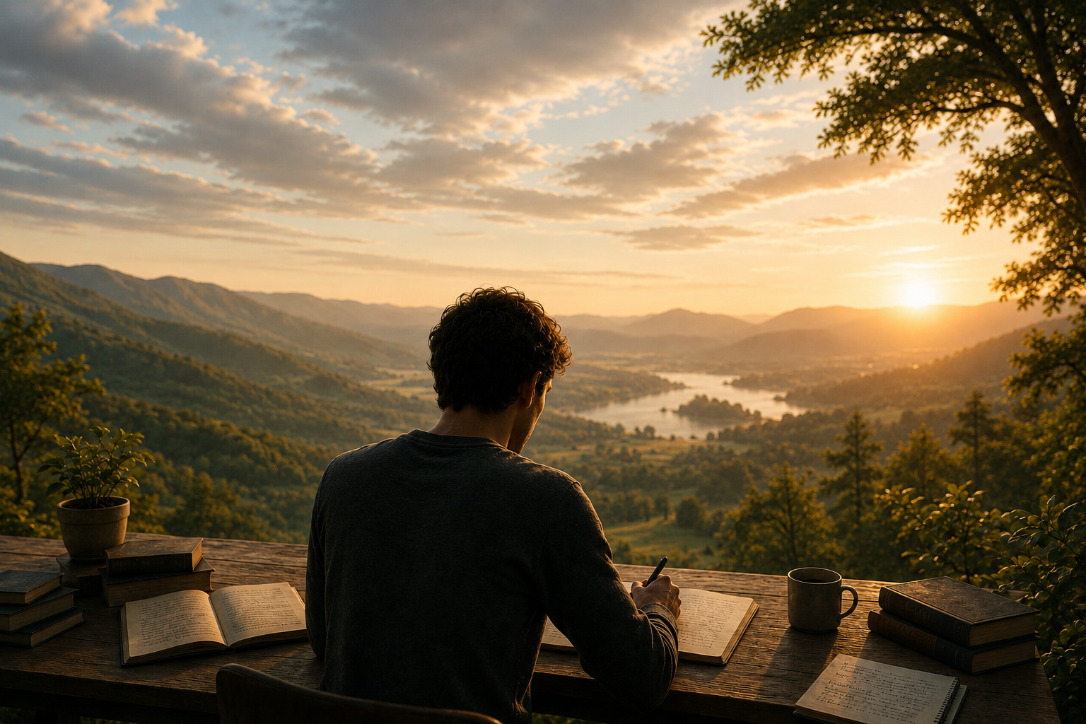 A person sitting at a wooden table with open books, a coffee mug, and a potted plant, overlooking a scenic valley with mountains and a river at sunset.