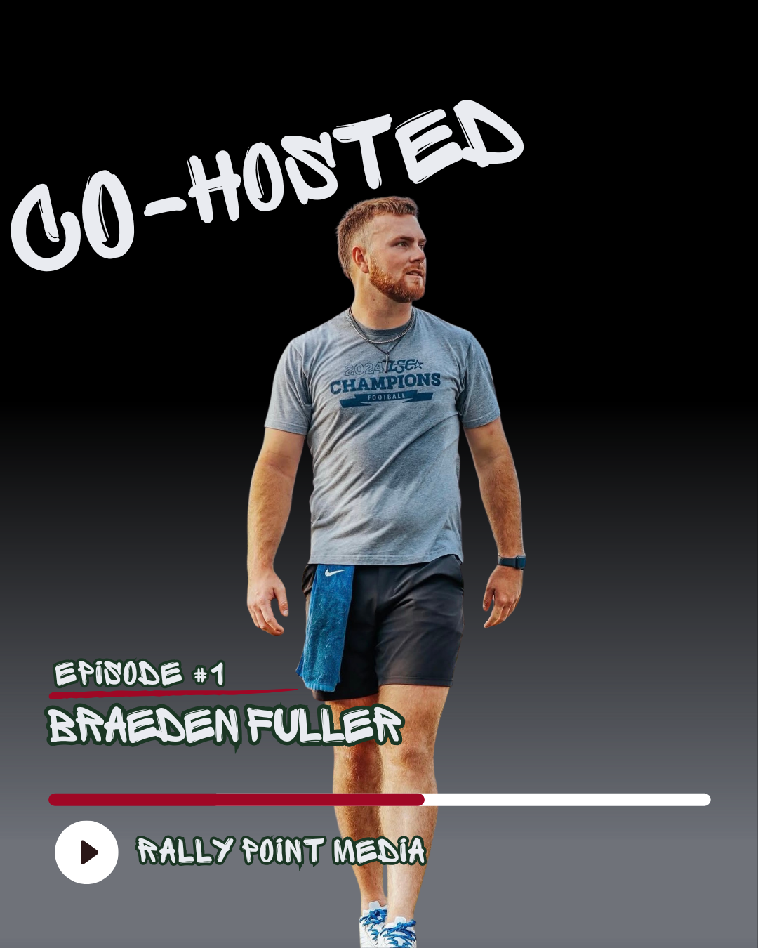 Podcast cover featuring a man with a beard wearing a gray T-shirt and shorts, walking against a black background with a towel tucked into his shorts. The title 'CO-HOSTED' is written at the top, and below him are the words 'Episode #1 Braeden Fuller' and a play icon with 'Rally Point Media'.