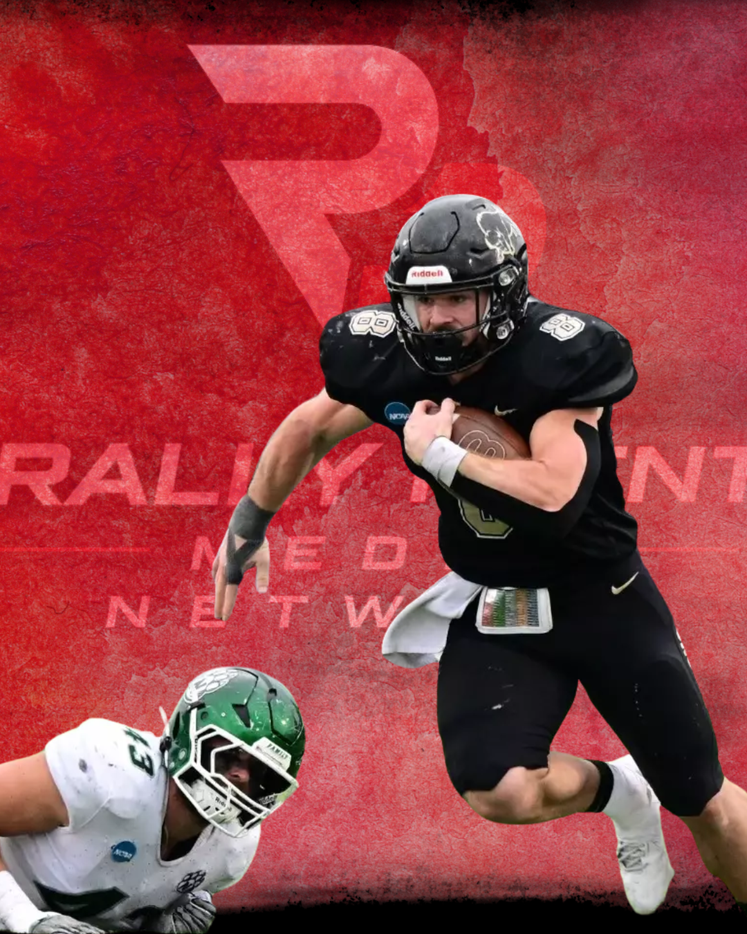 American football player in black uniform running with the ball, pursued by a player in white uniform on a red background with faint text and logo.