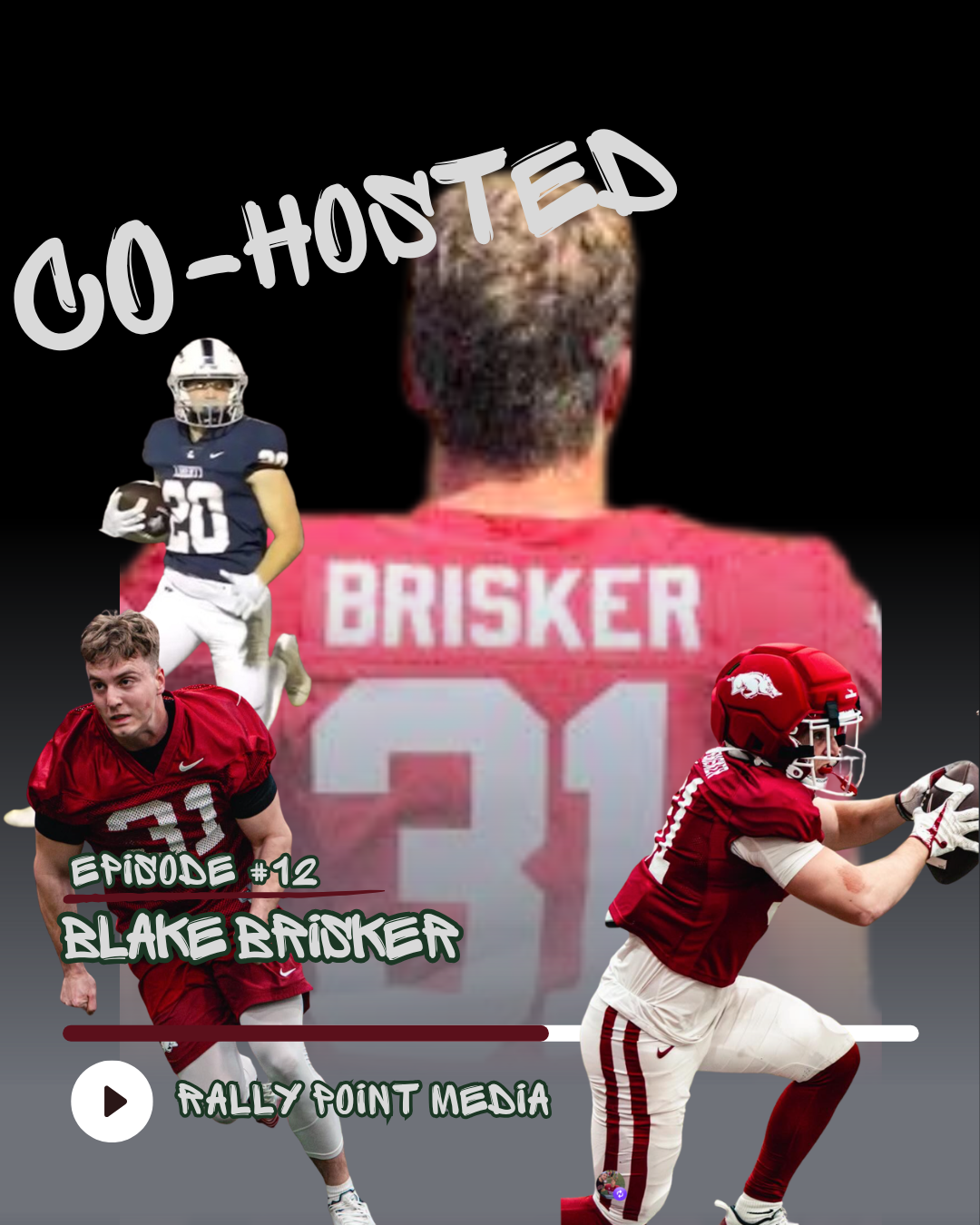 Promotional graphic featuring football players and a person with 'BRISKER' on the back of their jersey, with the words 'CO-HOSTED' and 'EPISODE #12 BLAKE BRISKER' and 'RALLY POINT MEDIA'.